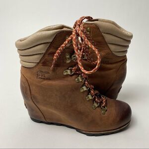 Sorel Conquest Wedge Ankle Boots Elk Camel Leather Lace Up 9.5 PDX